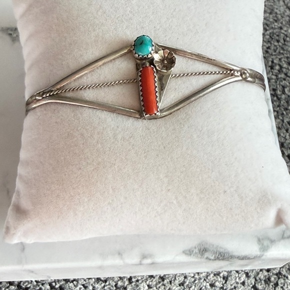 Navajo Jewelry - Navajo Turquoise and Coral Sterling Silver Cuff